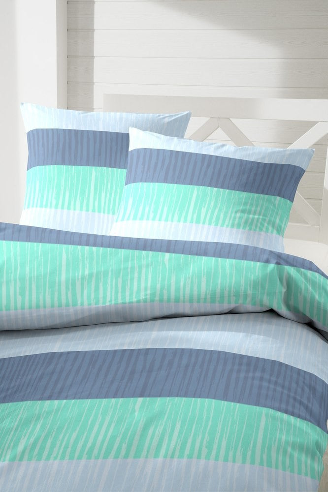 Hahn Polycotton Bettwäsche Türkis Grau Streifen Blau 135x200 cm + 80x80 cm