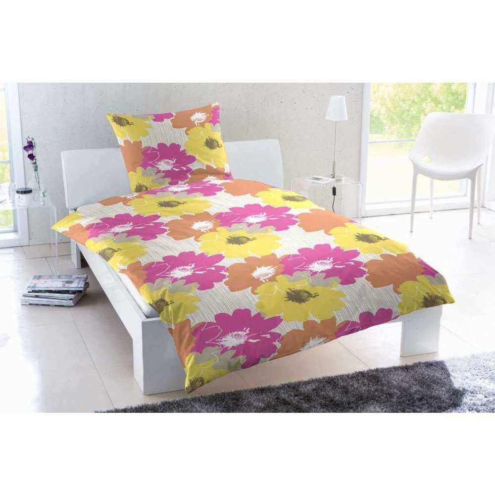 Microfaser Bettwäsche Blumen Gelb Pink 135x200 cm + 80x80 cm