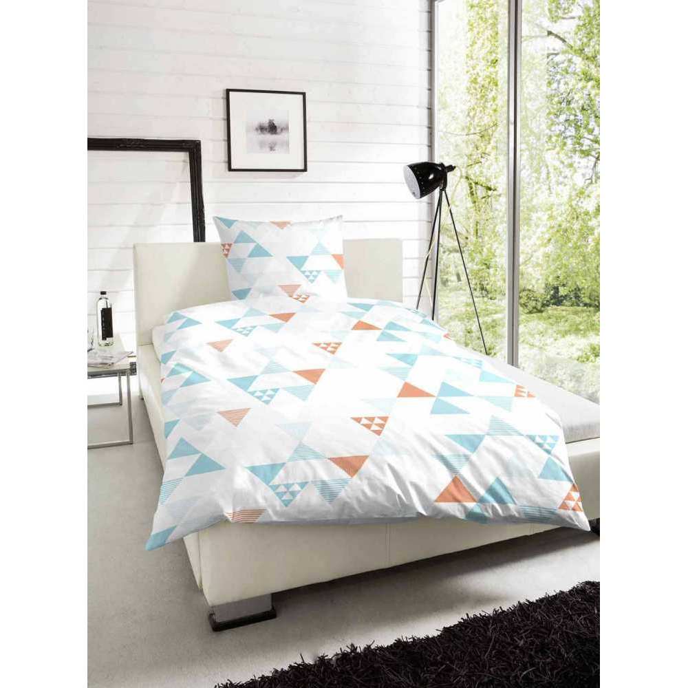 Hahn Microfaser Seersucker Bettwäsche Dreiecke Geometrisch Türkis Orange Weiß 135x200