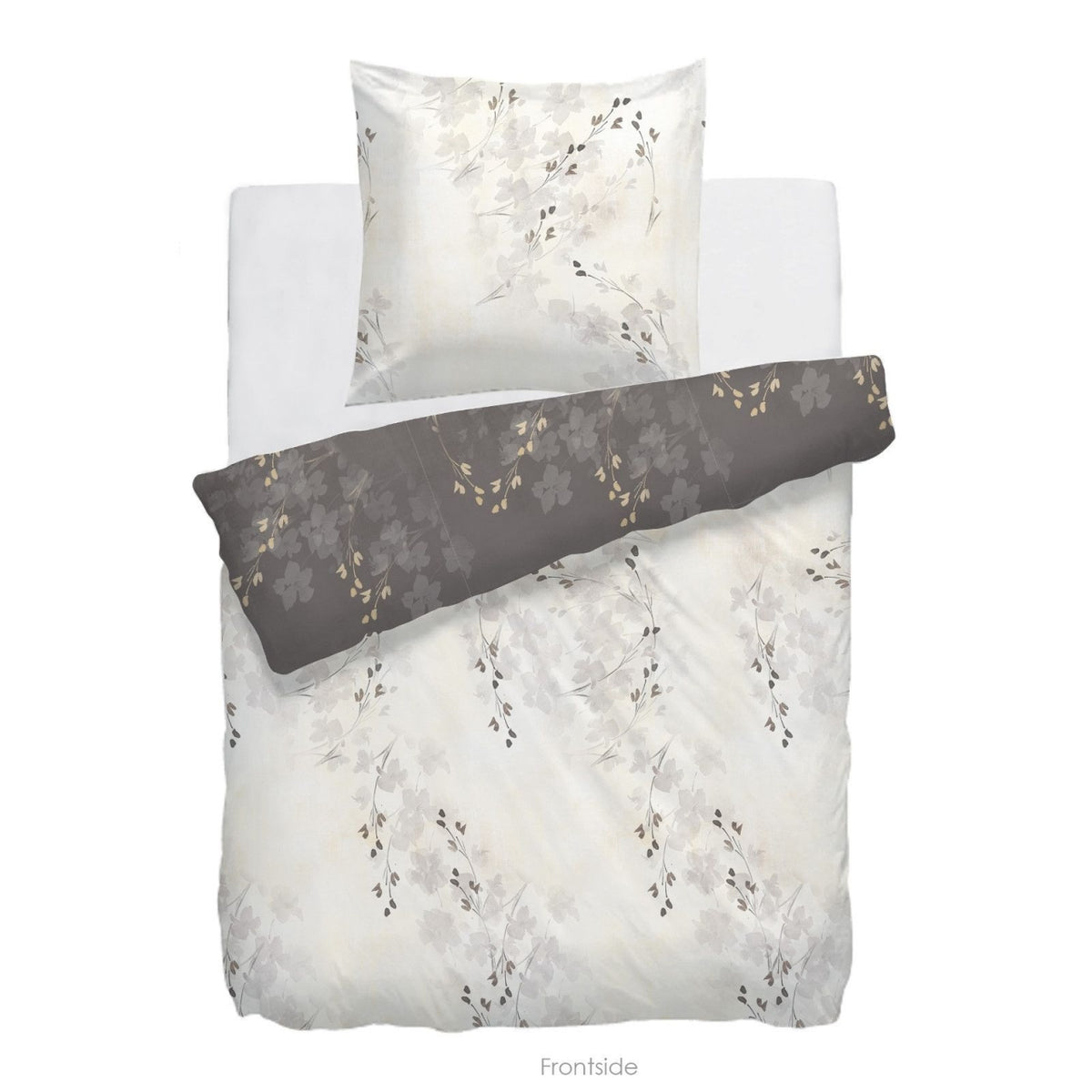 HnL Twill-Baumwolle Wende Bettwäsche Blüten Porana Taupe 135x200 cm + 80x80 cm