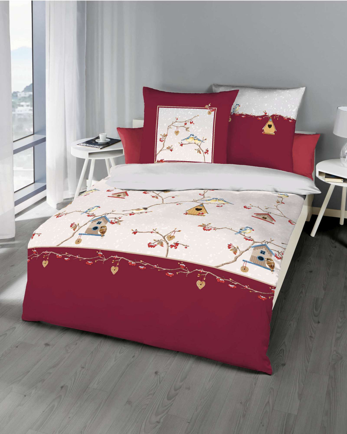 Kaeppel Renforcé Bettwäsche Snow Birds Vogelhaus Weiss 135x200 cm + 80x80 cm