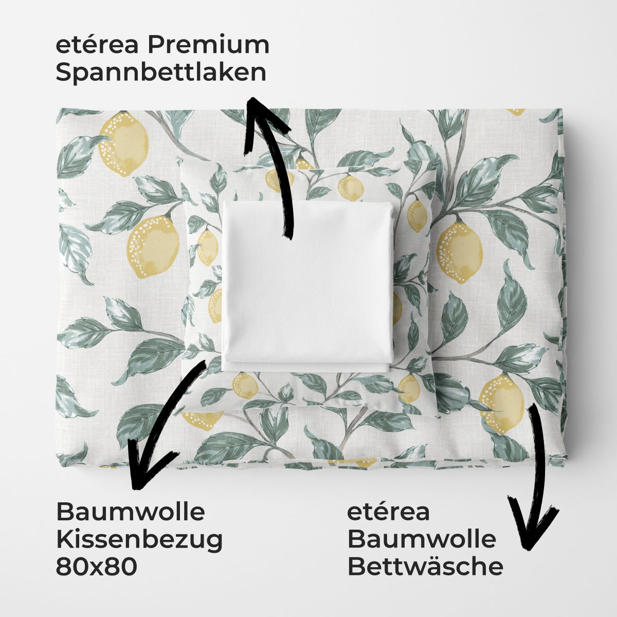 etérea Premium Bundle Lemon Weiß Bettwäsche + Spannbettlaken 135x200 + 100x200