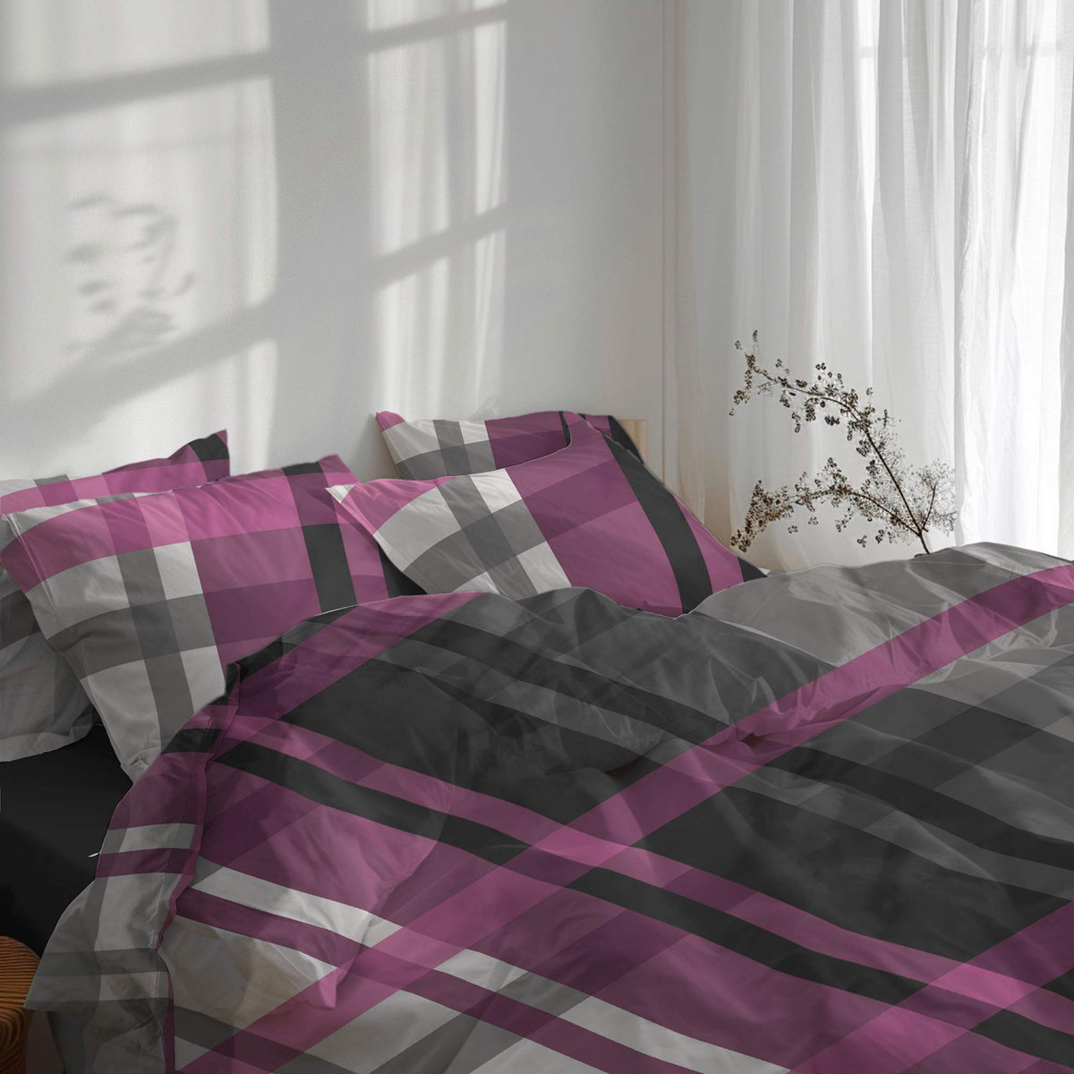 etérea Basic Starterpaket Urban Check Violett mit Spannbettlaken
