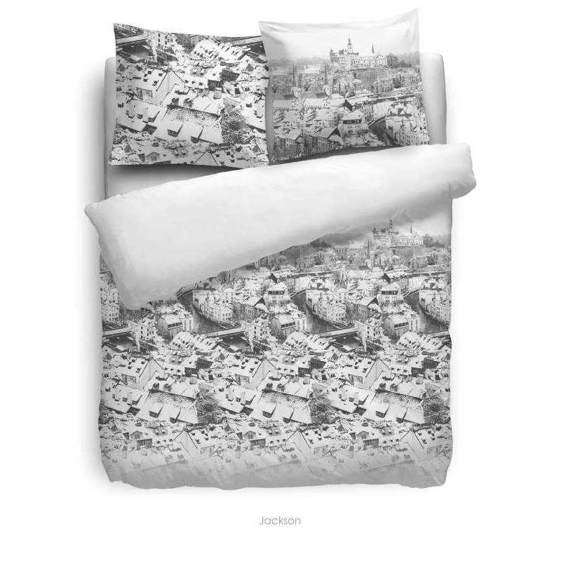 HnL Flanell Bettwäsche Jackson Haus Weiss Blau 135x200 cm + 80x80 cm