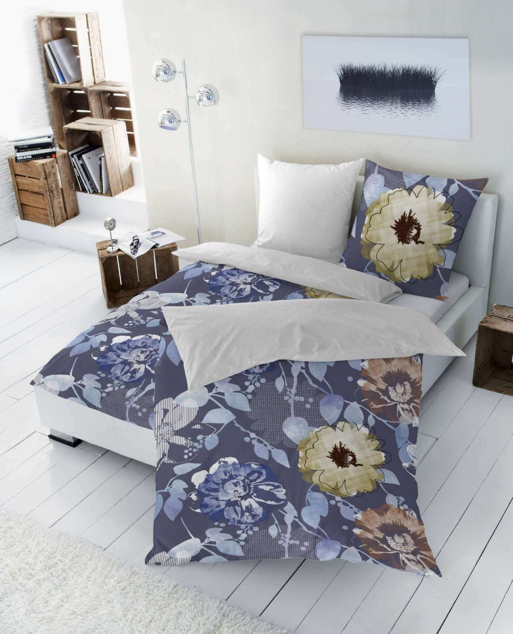 Satin Bettwäsche Blumen Blau