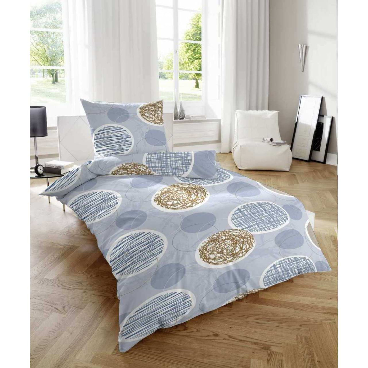 Feinbiber Bettwäsche Kreise Blau Braun 135x200 cm + 80x80 cm