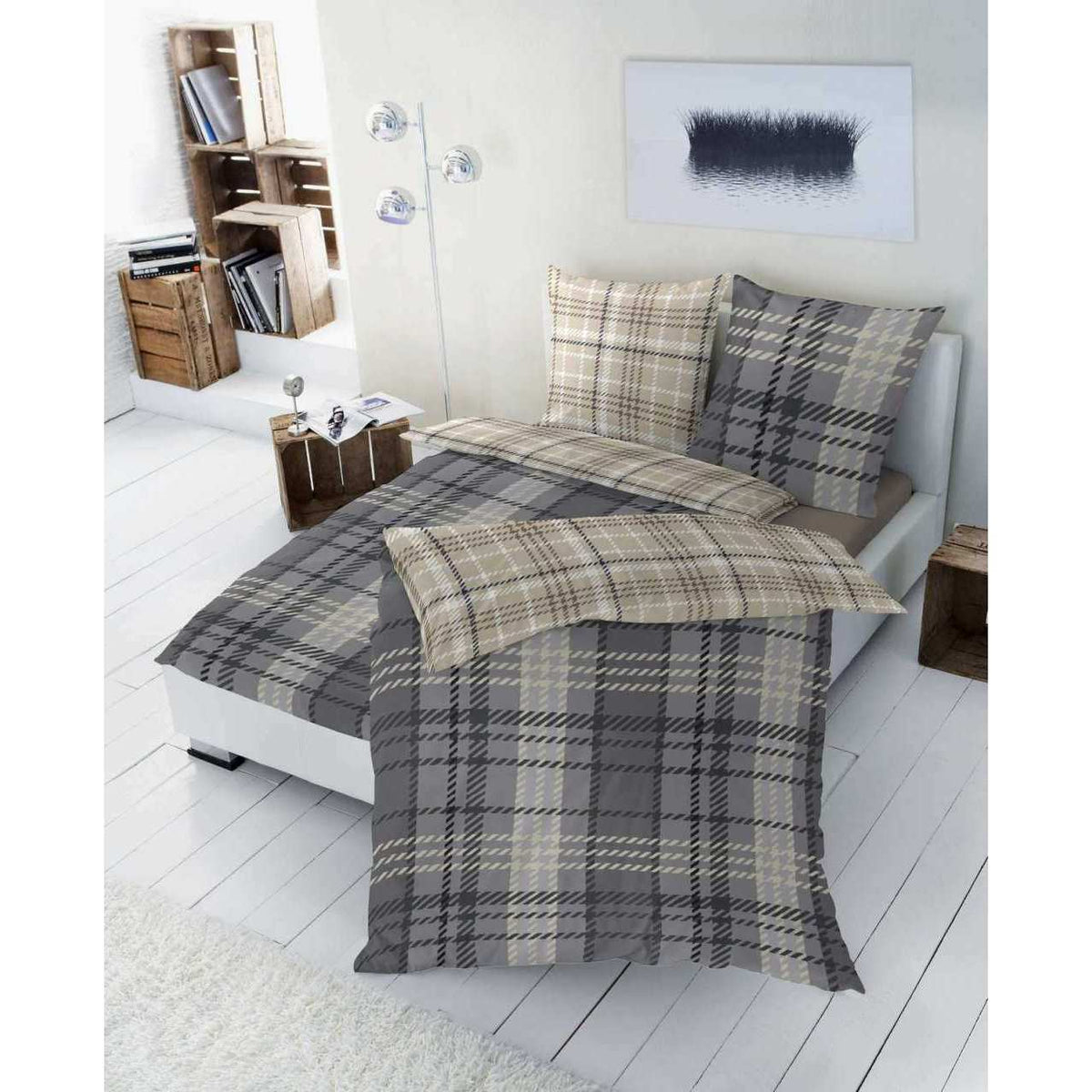 Sonderposten Edelflanell Wende Bettwäsche Kariert Grau Beige 155x220 cm + 80x80 cm