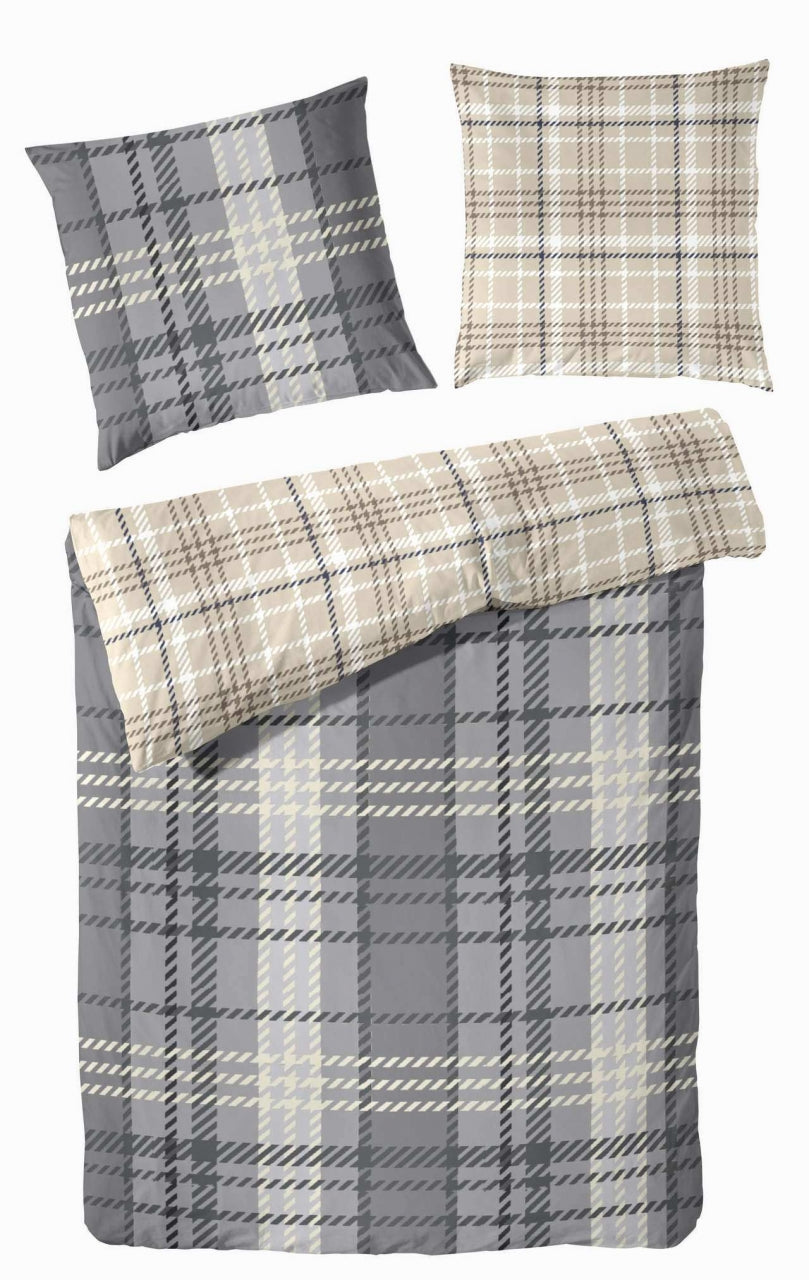 Sonderposten Edelflanell Wende Bettwäsche Kariert Grau Beige 155x220 cm + 80x80 cm