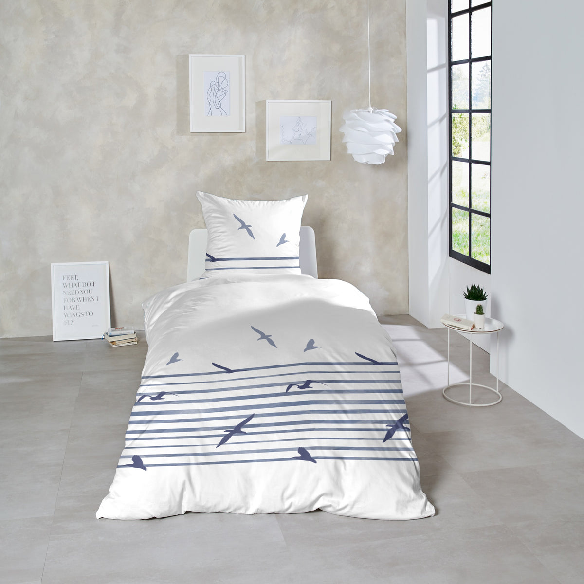 Hahn Renforcé Baumwoll Bettwäsche Streifen Möwen Weiss Blau