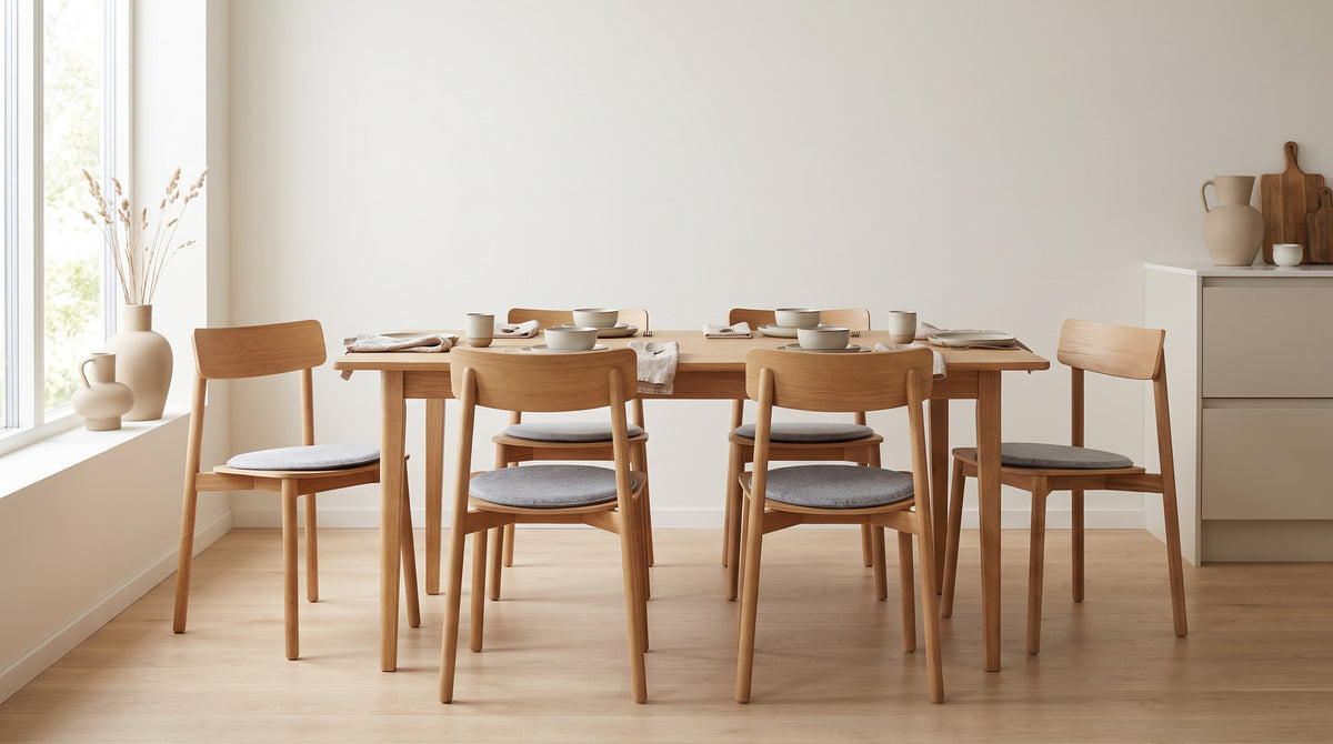 Esstisch mit Holzstühlen und runden grauen Sitzkissen
