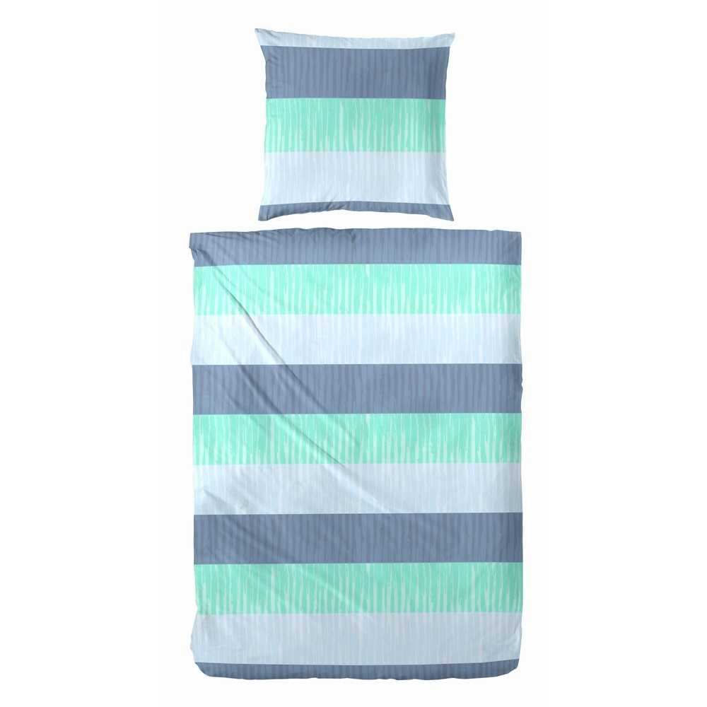 Hahn Polycotton Bettwäsche Türkis Grau Streifen Blau 135x200 cm + 80x80 cm