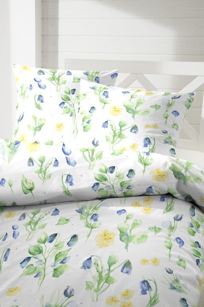 Hahn Polycotton Bettwäsche Blumen Aquarell Blau 135x200 cm + 80x80 cm