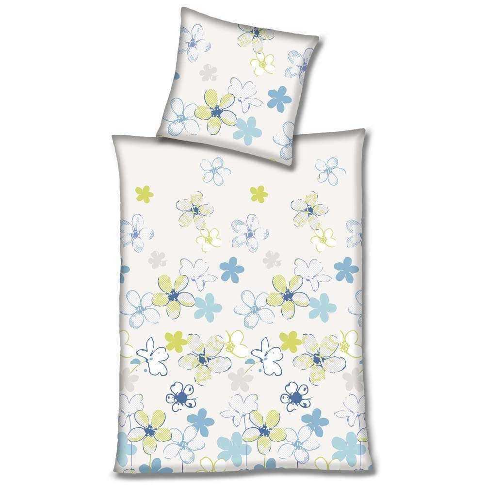 Renforcé Bettwäsche Blau Creme Blumen 135x200 cm + 80x80 cm