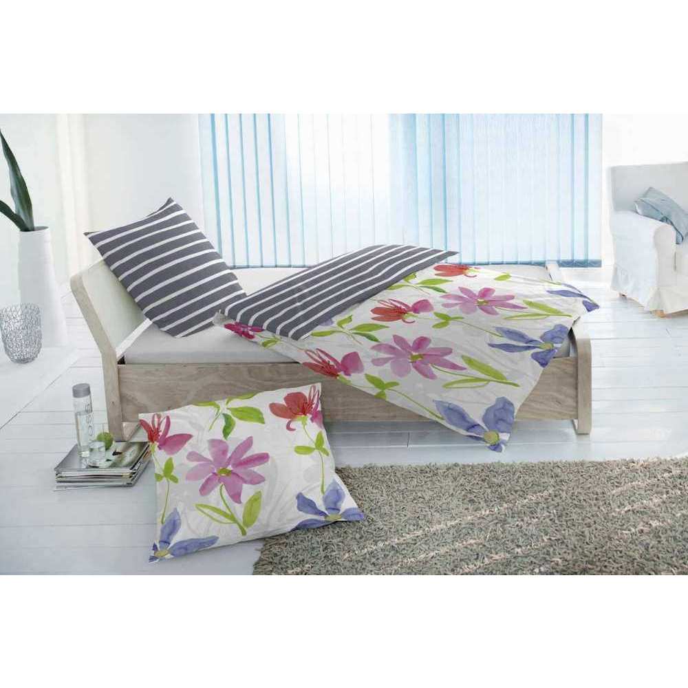 Renforcé Wendebettwäsche Grau Blau Rot Blumen 140x200 cm + 70x90 cm