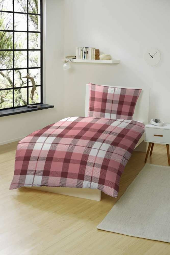 Hahn Biber Bettwäsche Kariert Rot Grau 135x200 cm + 80x80 cm