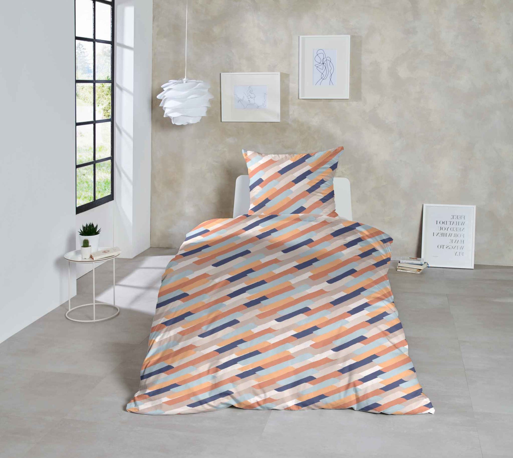 Hahn Feinbiber Bettwäsche Striche Orange Blau