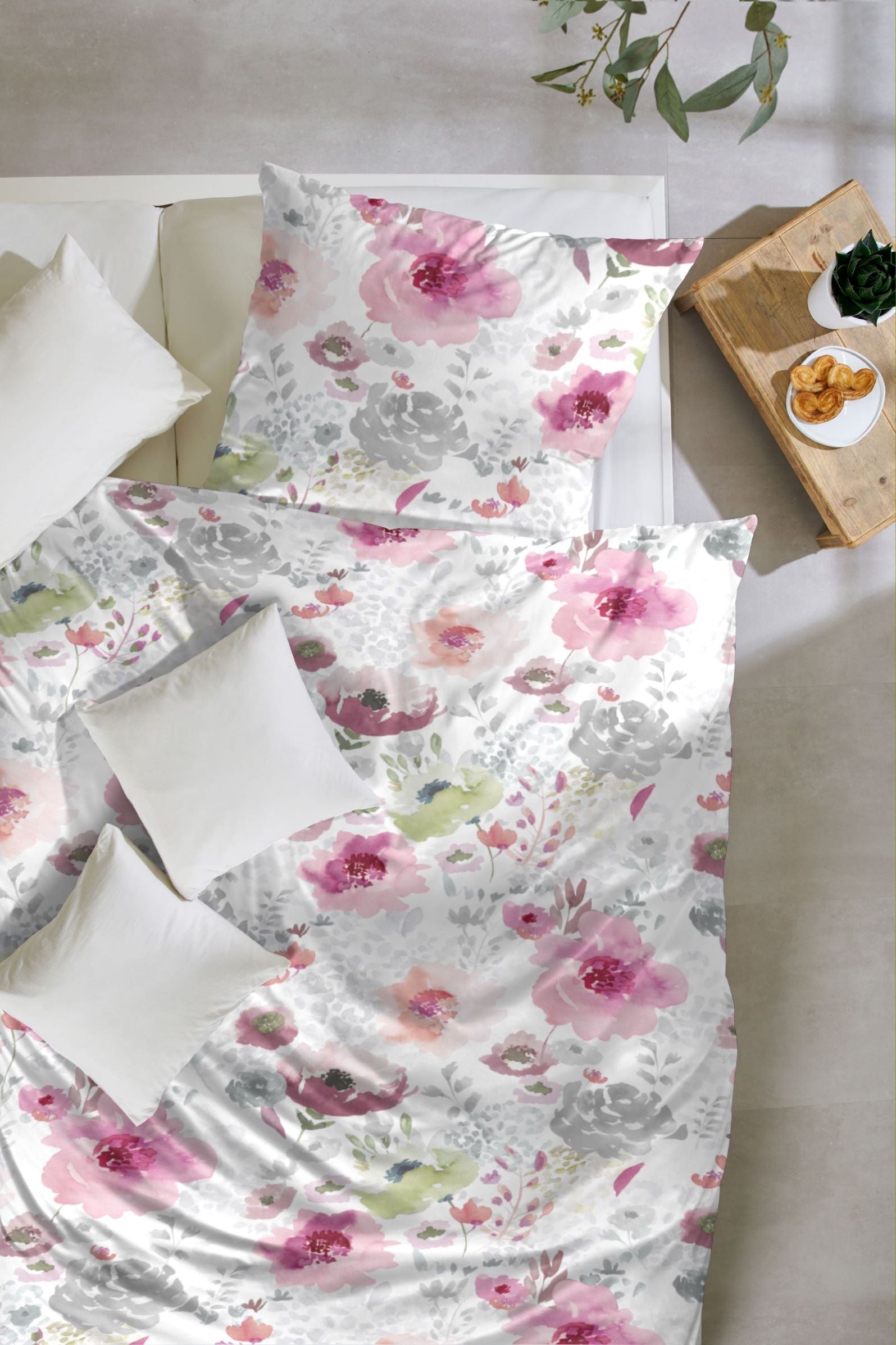 Hahn Biber Bettwäsche weiss rosa Blumen