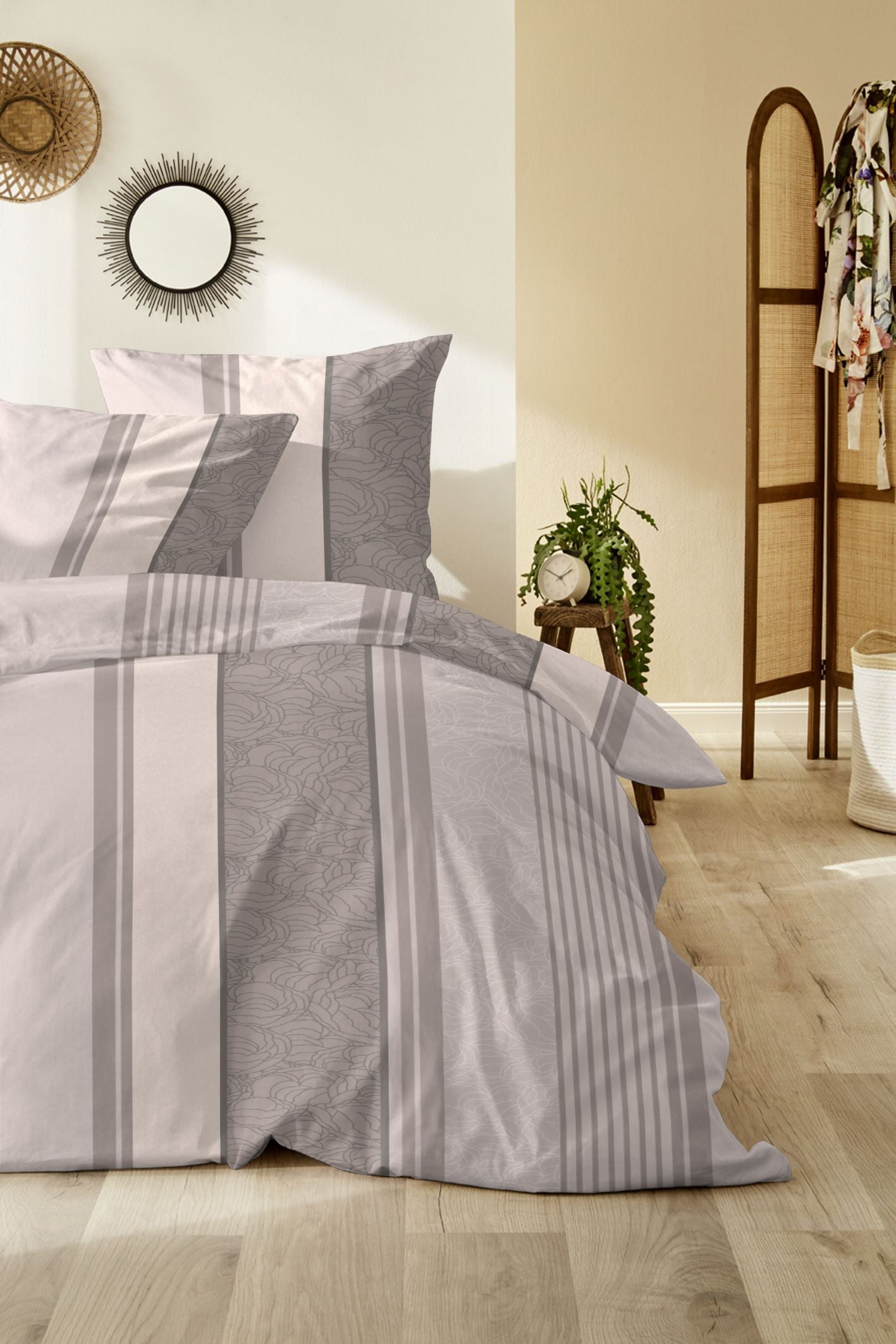 Hahn Biber Bettwäsche Grau braunes Streifenmuster