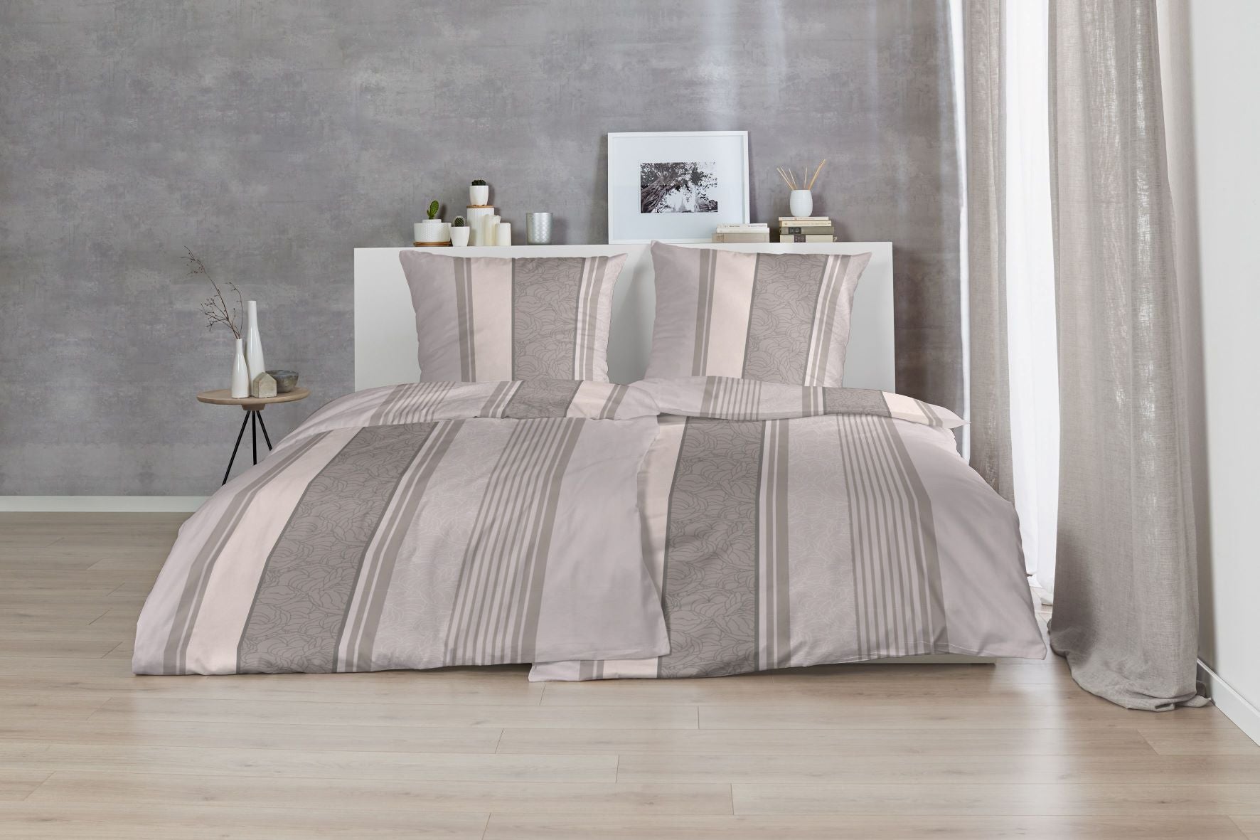 Hahn Biber Bettwäsche Grau braunes Streifenmuster