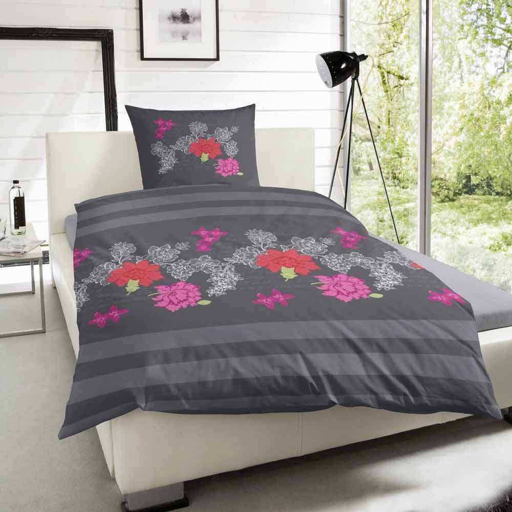 Edelflanell Baumwolle Bettwäsche Grau Streifen Blumen 155x220 + 80x80