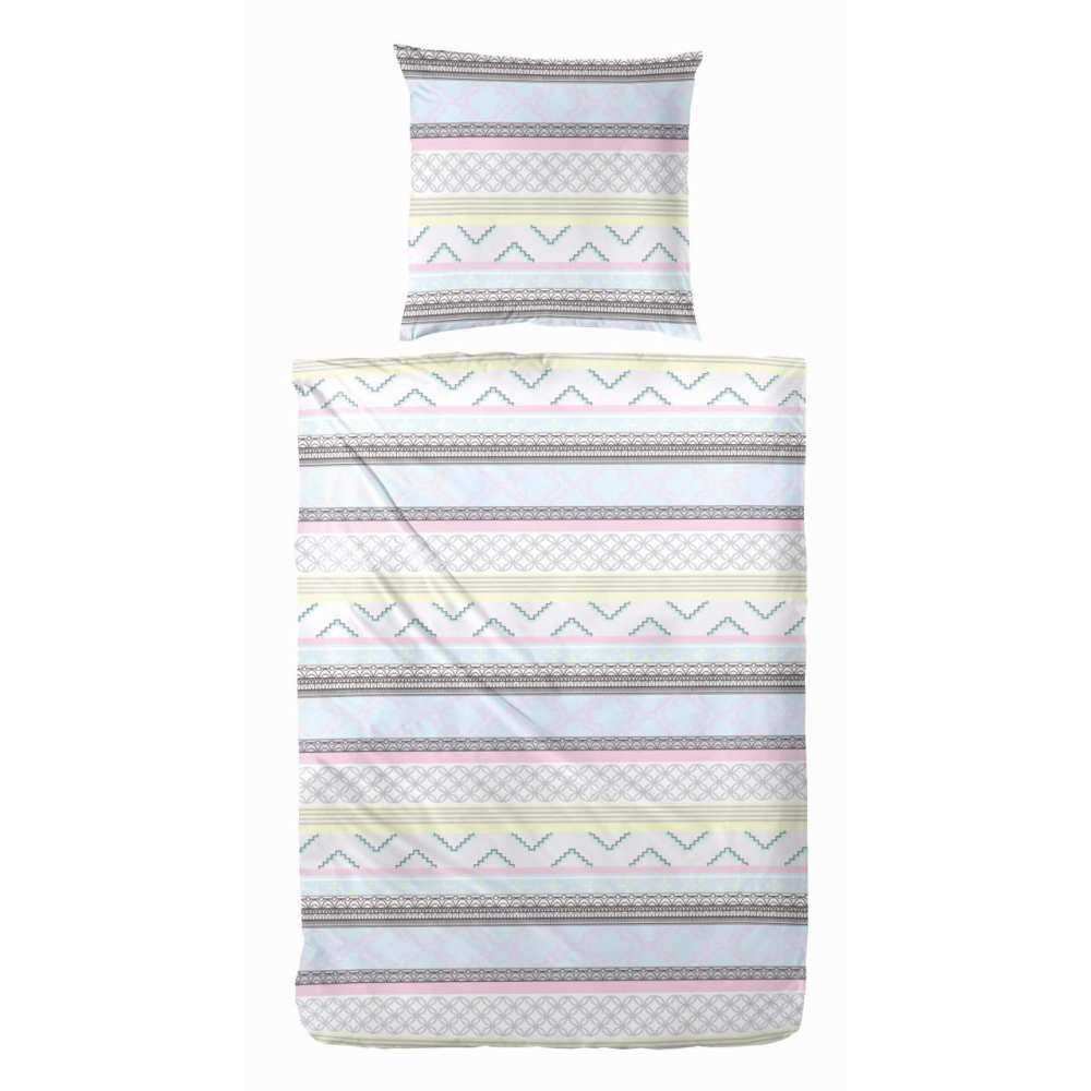 Hahn Baumwolle Seersucker Bettwäsche Rosa Grau Gestreift 155x220 cm + 80x80 cm
