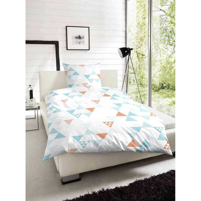 Hahn Microfaser Seersucker Bettwäsche Dreiecke Geometrisch Türkis Orange Weiß 135x200