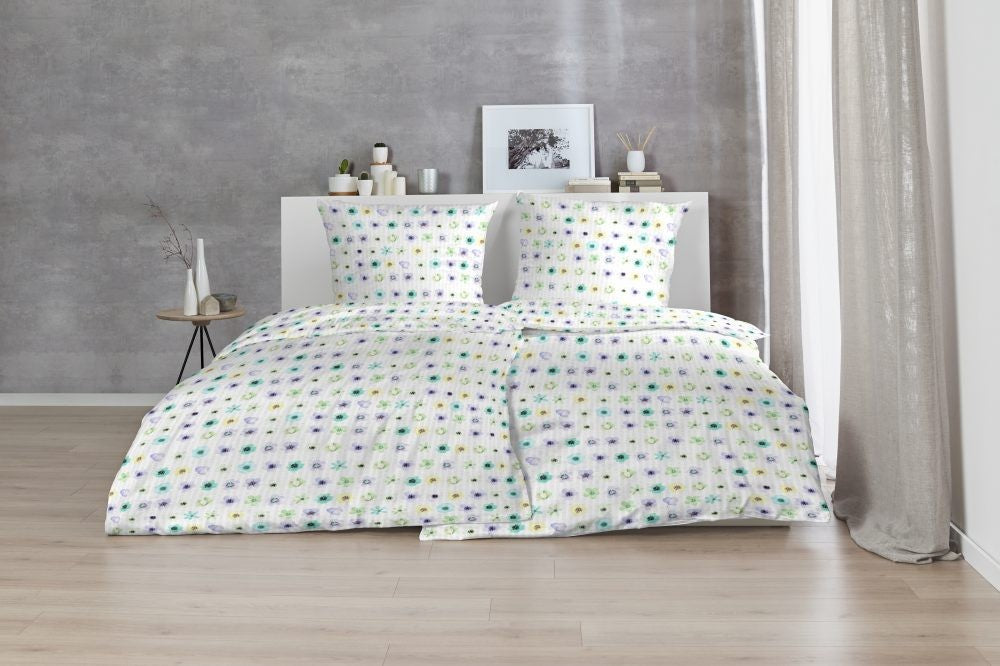 Hahn Microfaser Seersucker Bettwäsche Blumen Floral Bunt Weiß 135x200 cm + 80x80 cm