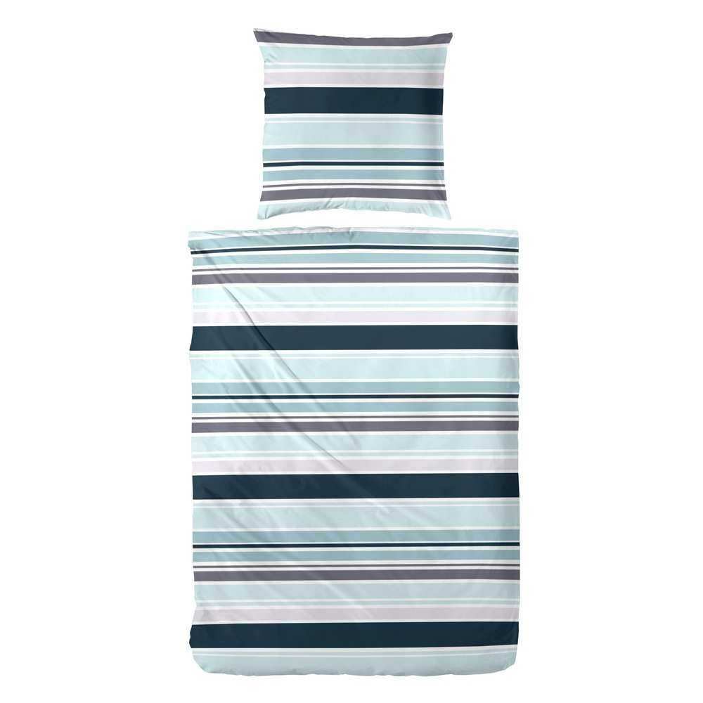 Hahn Baumwoll Premium Seersucker Gestreift Türkis Braun Grau - 135x200 cm + 80x80 cm / Türkis