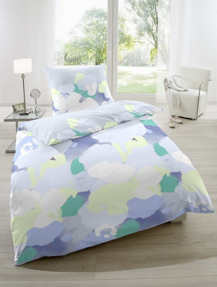 Hahn Baumwoll Satin Bettwäsche Farbtupfer Hellblau Weiß Lila Rosa