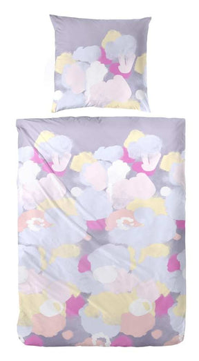 Hahn Baumwoll Satin Bettwäsche Farbtupfer Hellblau Weiß Lila Rosa