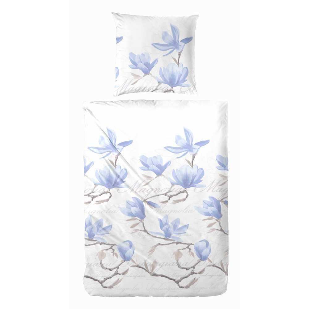 Hahn Baumwoll Satin Bettwäsche Blumen Weiß Braun Rosa Grau - 135x200 cm + 80x80 cm / Weiss