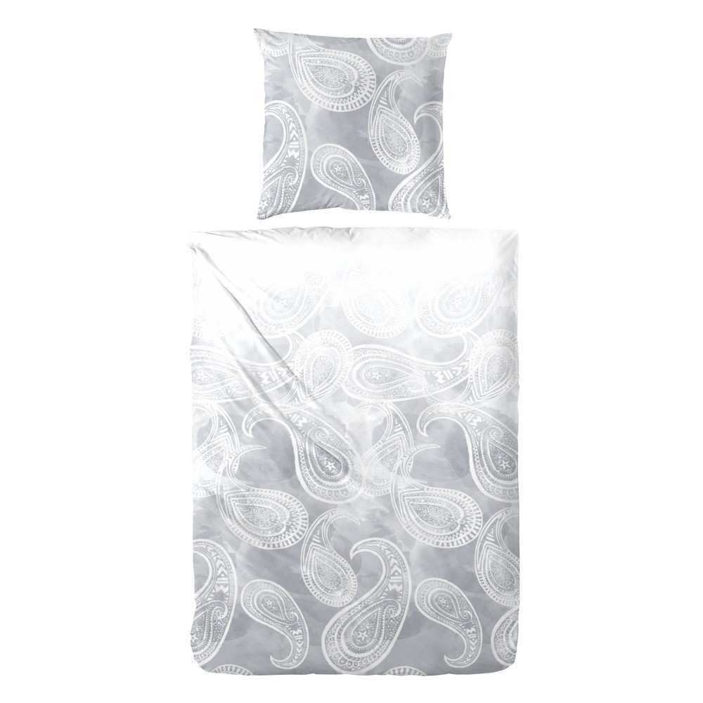 Hahn Mako-Satin Bettwäsche Paisley Muster Silber Anthrazit - 135x200 cm + 80x80 cm / Silber