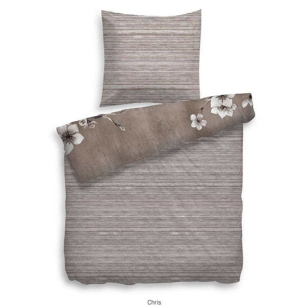HnL Baumwolle Wende Bettwäsche Blumen Pfau Chris 135x200 cm + 80x80 cm Taupe