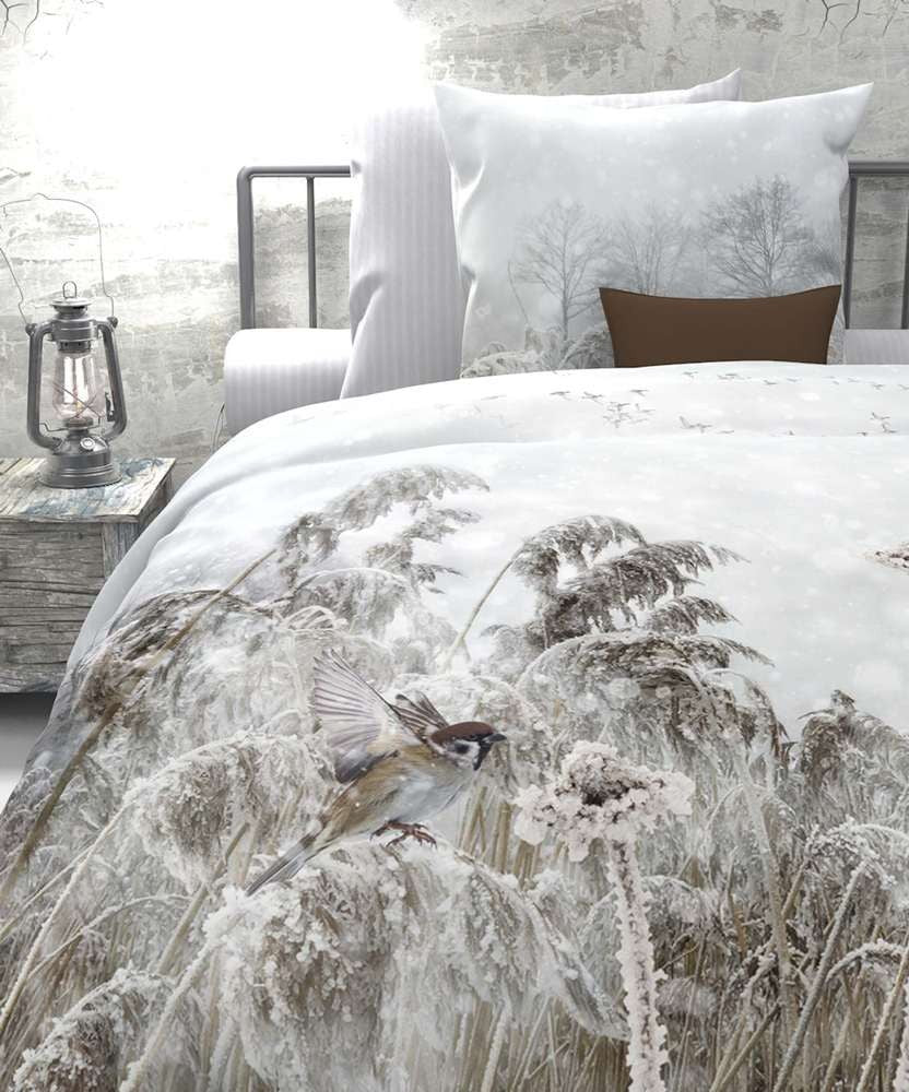 HnL Satin Wende-Bettwäsche Winterlandschaft Dauw Weiß 135x200 cm + 80x80 cm