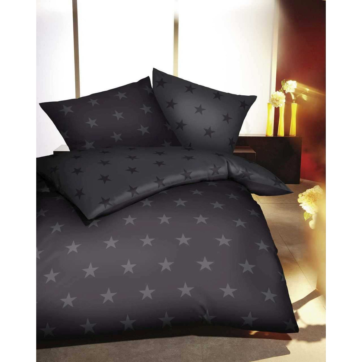 Kaeppel Mako Satin Bettwäsche Grau Streifen Stars 155x220 cm + 80x80 cm