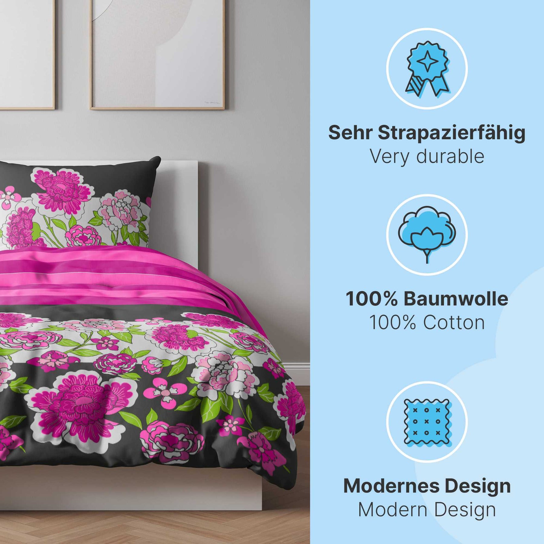 etérea Baumwolle Bettwäsche Clemens Blumen Rot und Pink