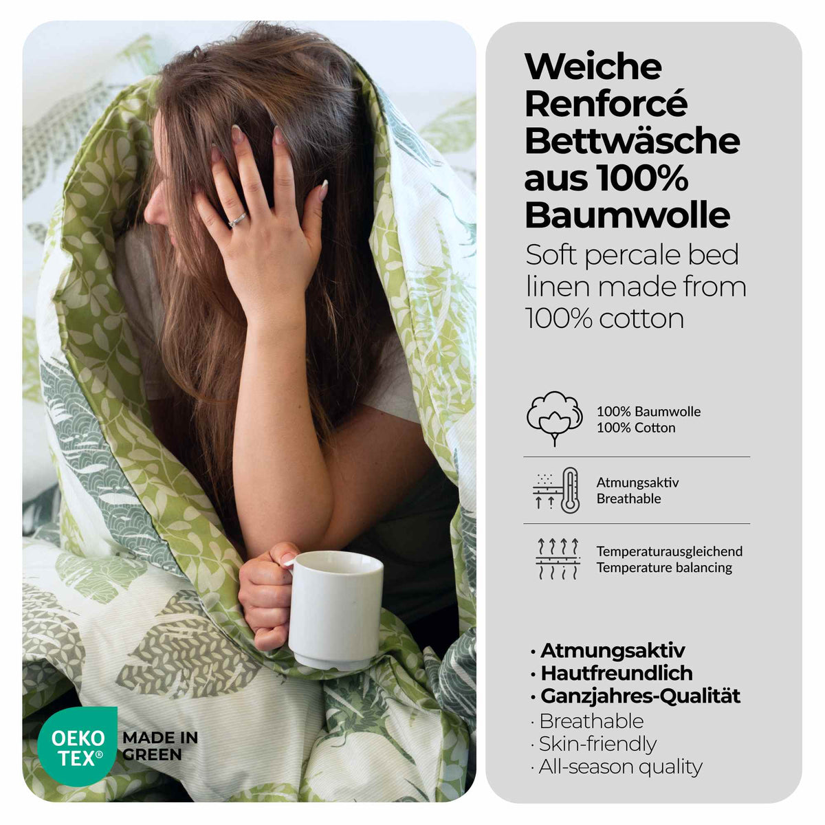 etérea Renforcé Bettwäsche Philou Federn Grün 80x80 cm 1x Kopfkissenbezug