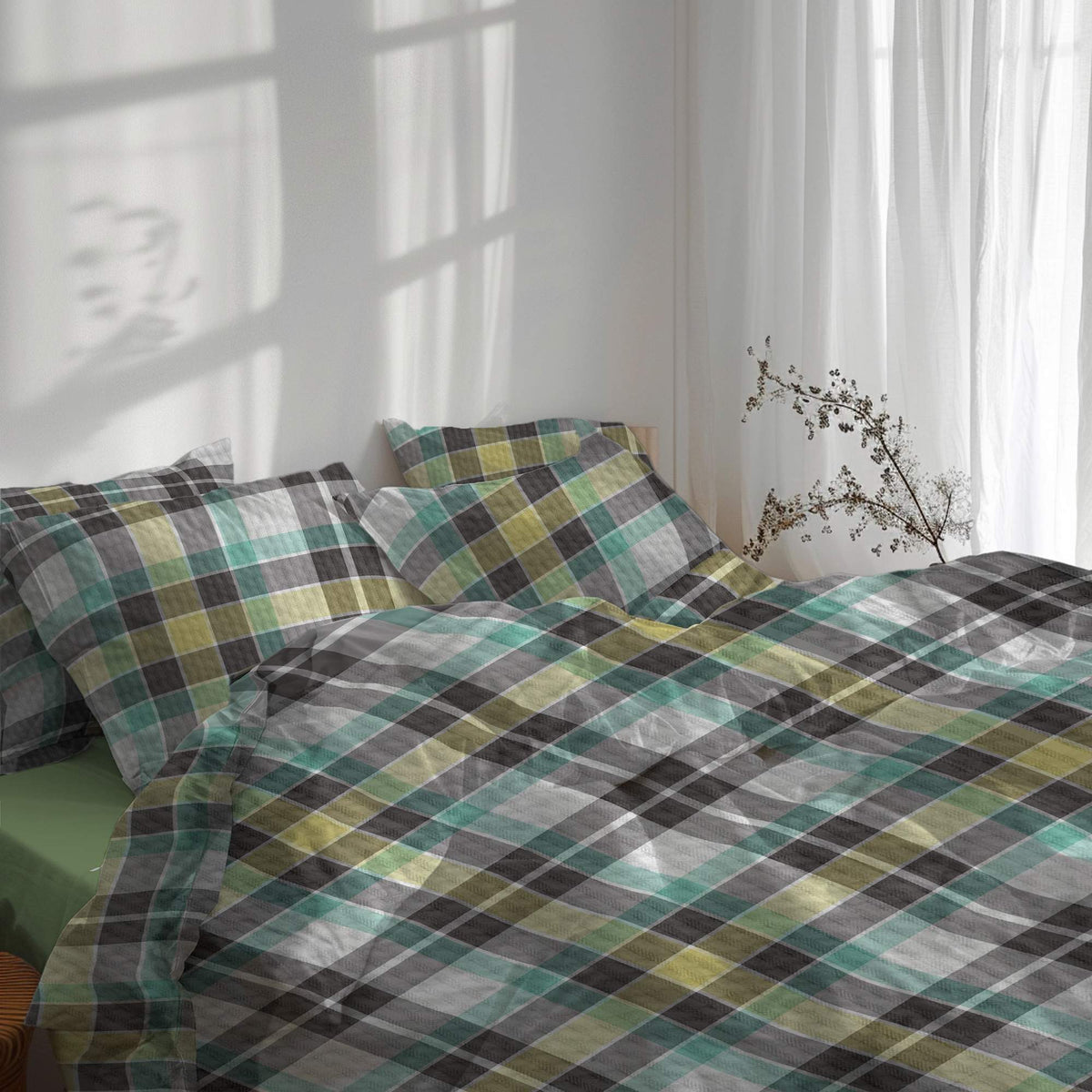 etérea Sommer Set Seersucker Bettwäsche Kari Grün mit Spannbettlaken