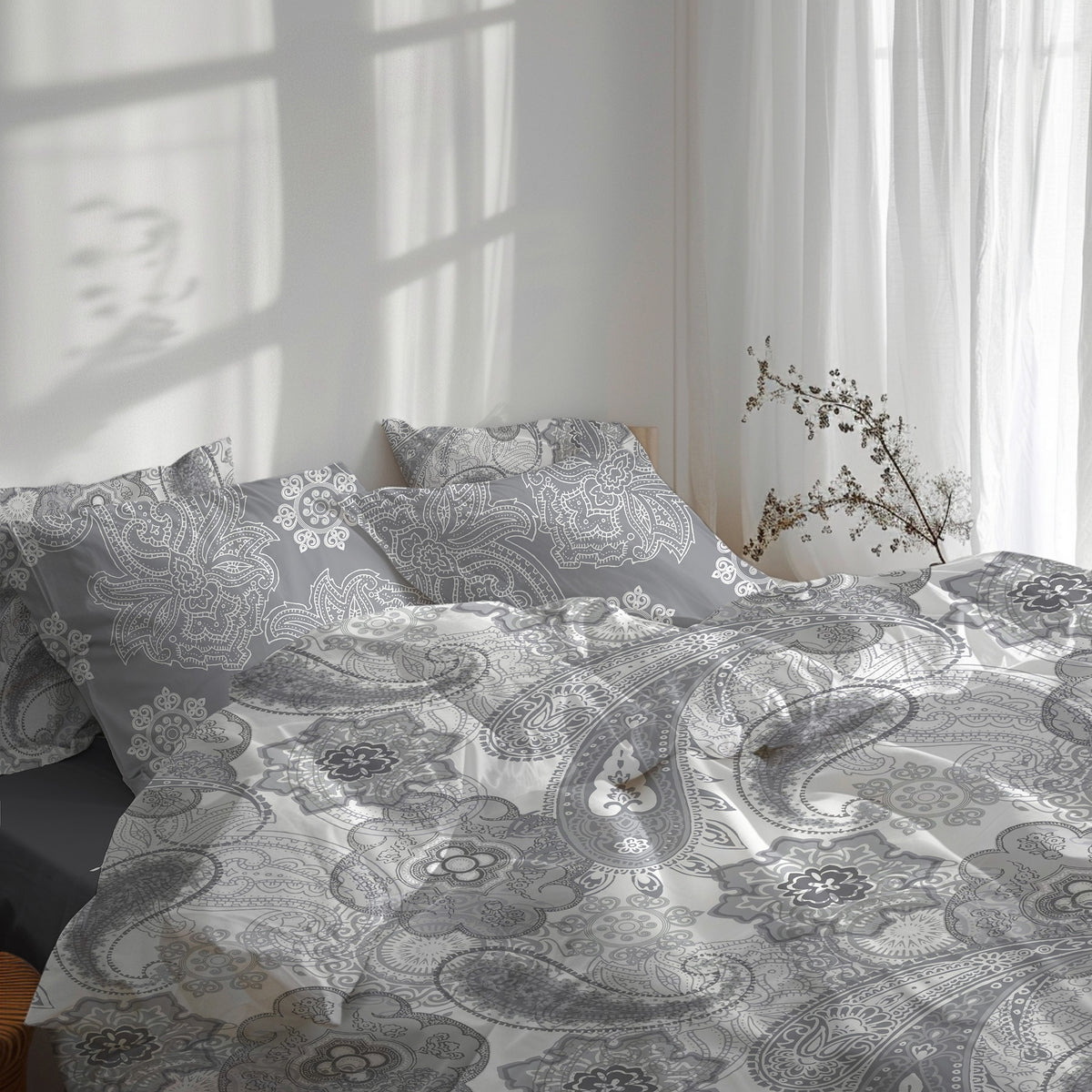 etérea Premium Mako-Satin Bundle Florina Grau Bettwäsche + Spannbettlaken