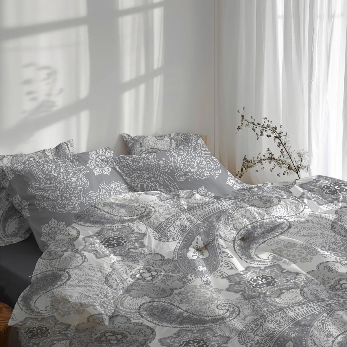 etérea Premium Mako-Satin Bundle Florina Grau Bettwäsche + Spannbettlaken