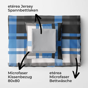 etérea Basic Starterpaket Bettwäsche Spannbettlaken Urban Check Blau 140x200 + 140x200