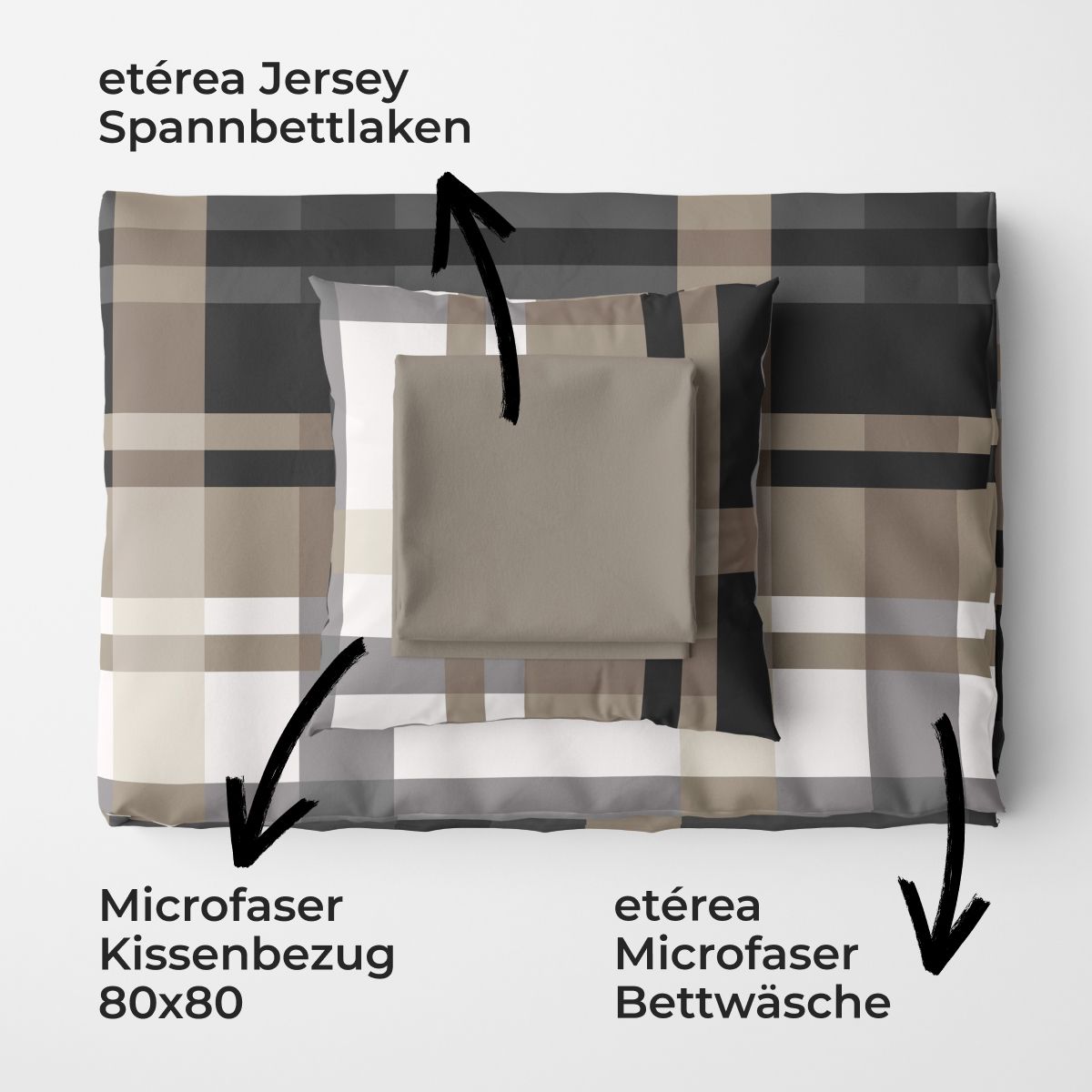 etérea Basic Starterpaket Bettwäsche Spannbettlaken Urban Check Braun 140x200 + 100x200