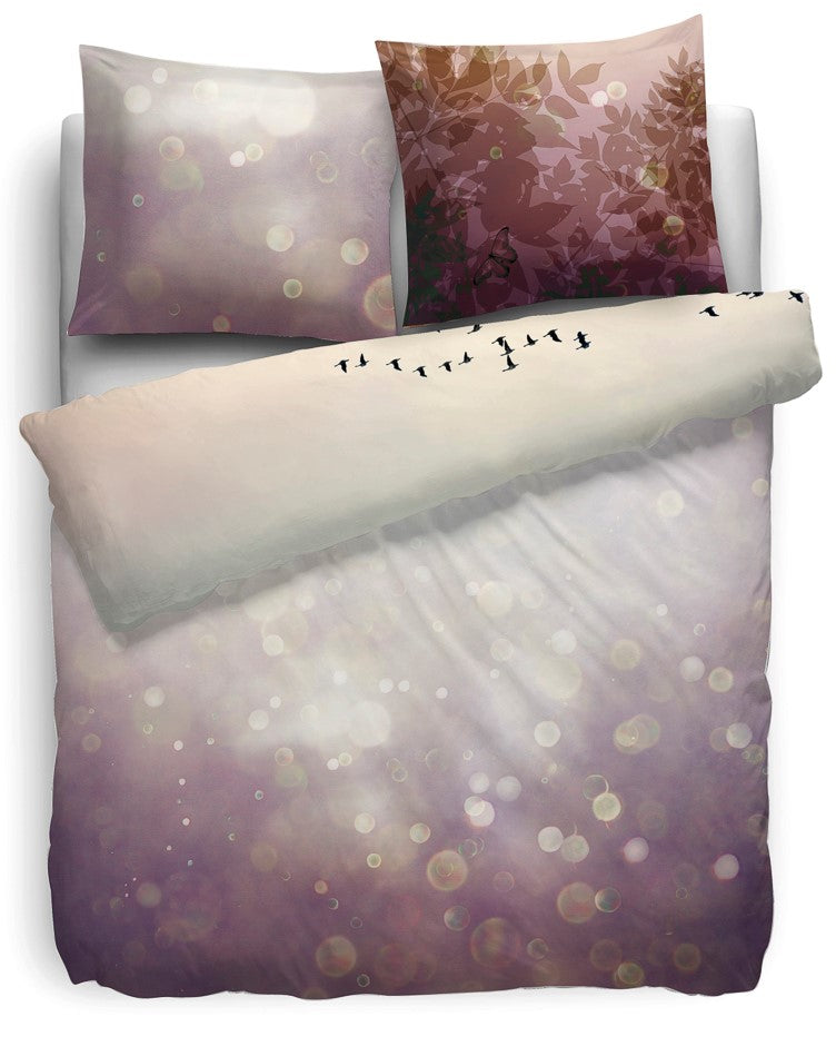 HnL Satin Bettwäsche Blätter Vögel Fairy Modern Rose - 135x200 cm + 80x80 cm