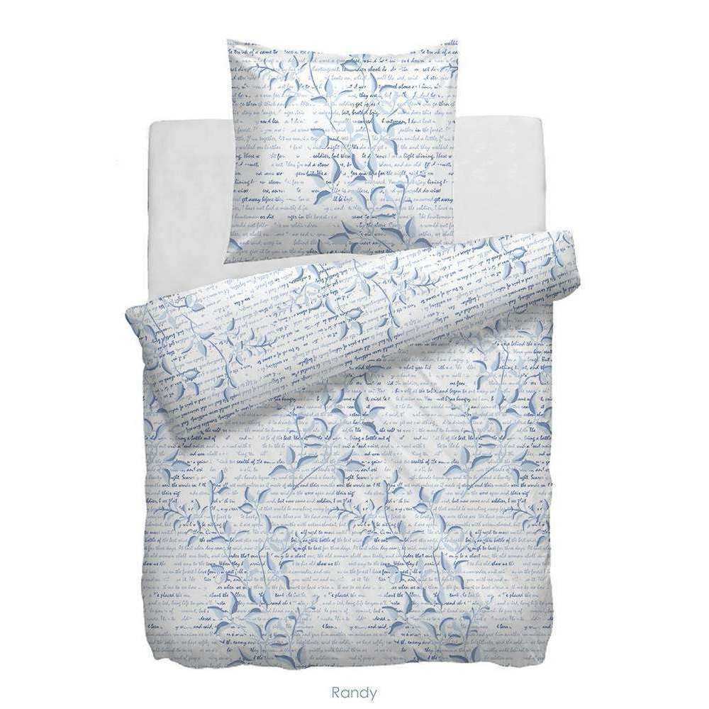 HnL Satin Bettwäsche Randy Schriftzüge Blumen Weiß Blau - 135x200 cm + 80x80 cm