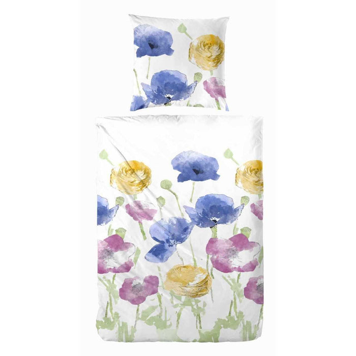 Sonderposten Satin Bettwäsche Blumen Weiß Blau 135x200 cm + 80x80 cm