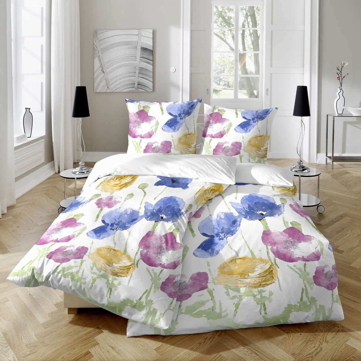Sonderposten Satin Bettwäsche Blumen Weiß Blau 135x200 cm + 80x80 cm