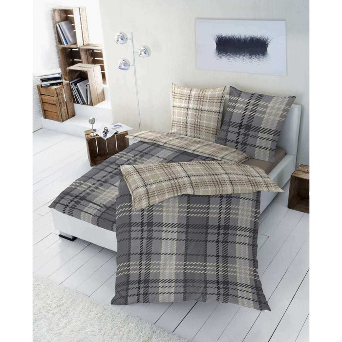 Sonderposten Edelflanell Wende Bettwäsche Kariert Grau Beige 155x220 cm + 80x80 cm