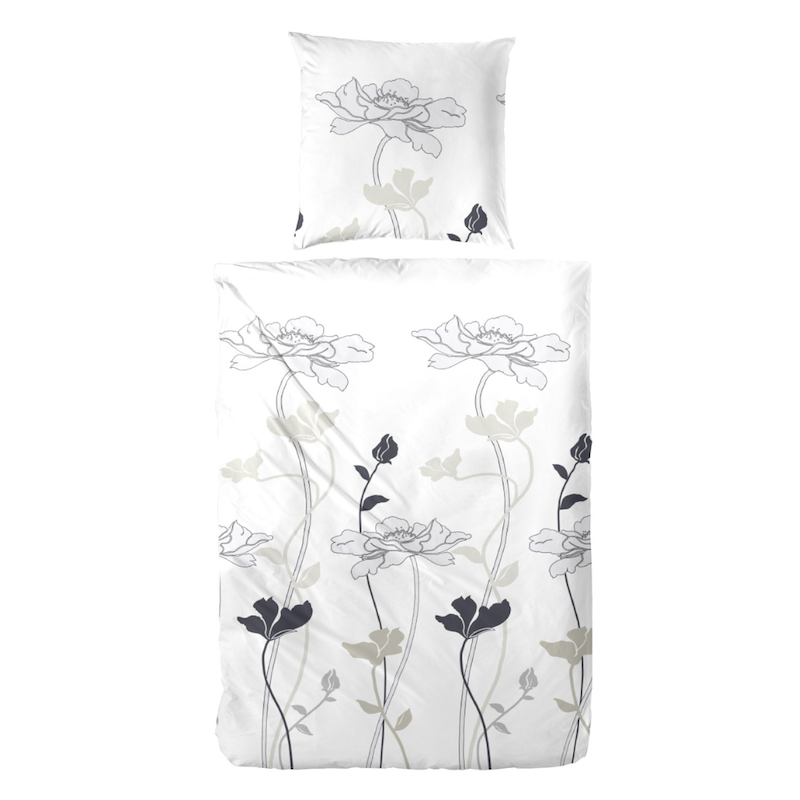 Hahn Satin Bettwäsche Grau Schwarz Blumen 135x200 cm + 80x80 cm