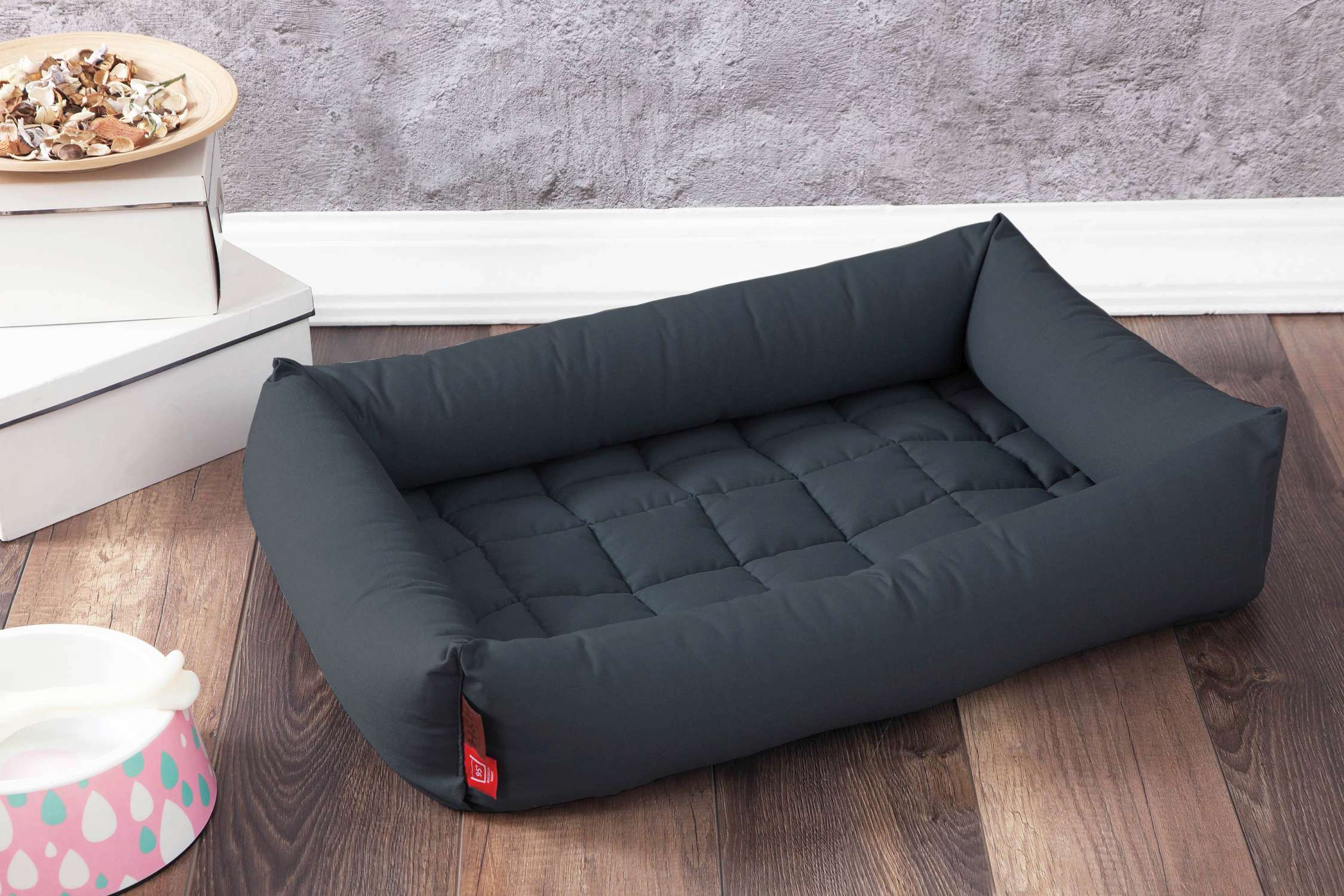 Paw and Pillow Hundebett - robuste pflegeleicht 95 waschbar - Antrazit Grau Silber Pfoten Flecktarn Kariert