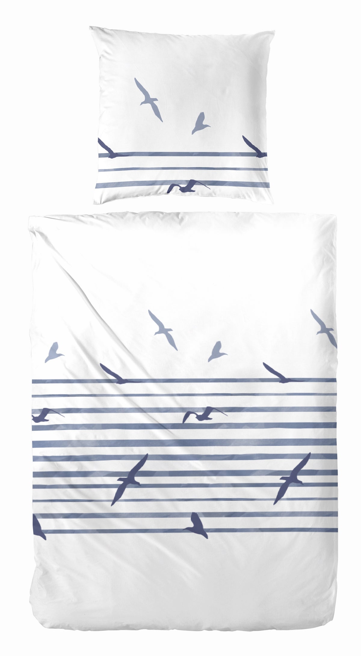 Hahn Renforcé Baumwoll Bettwäsche Streifen Möwen Weiss Blau